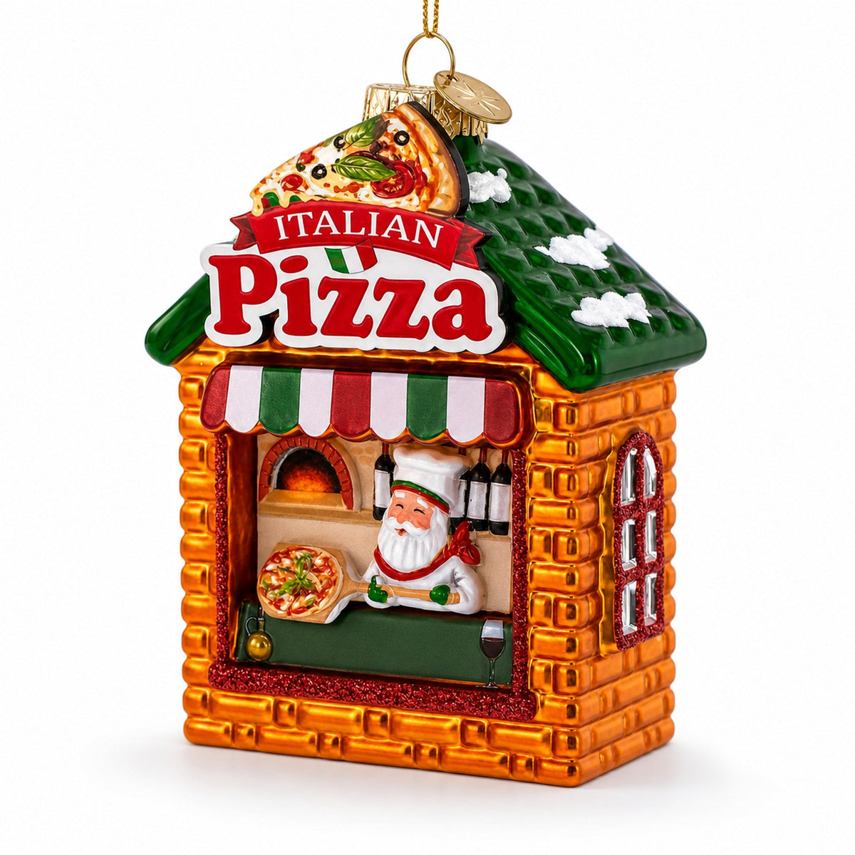 Italian Pizzeria with Santa Glass Christmas Ornament