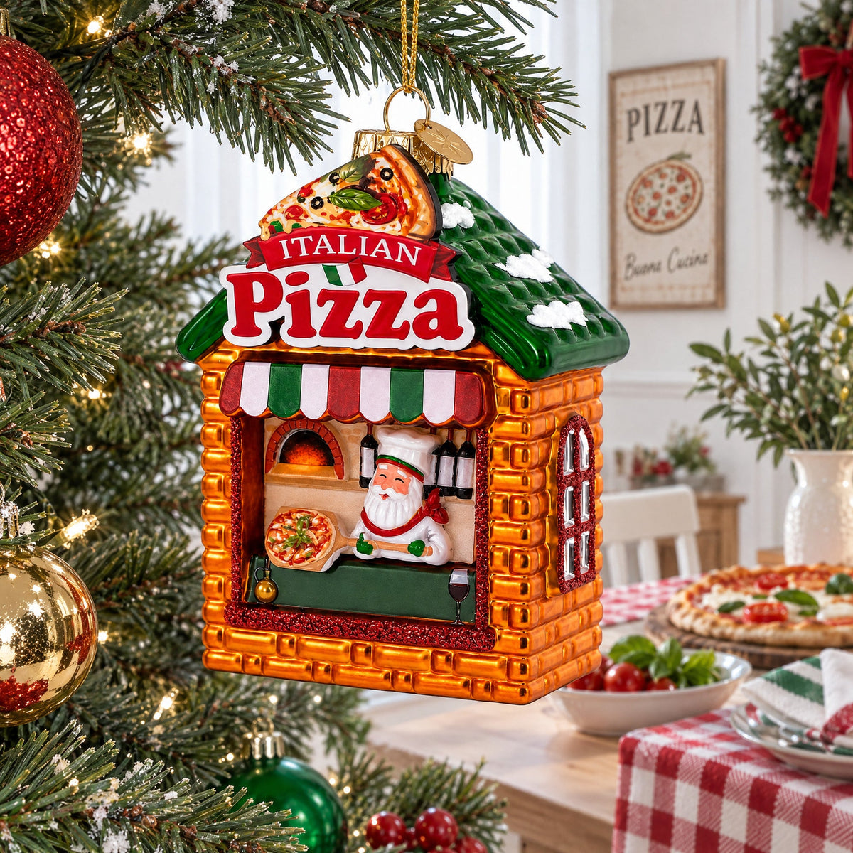 Italian Pizzeria with Santa Glass Christmas Ornament