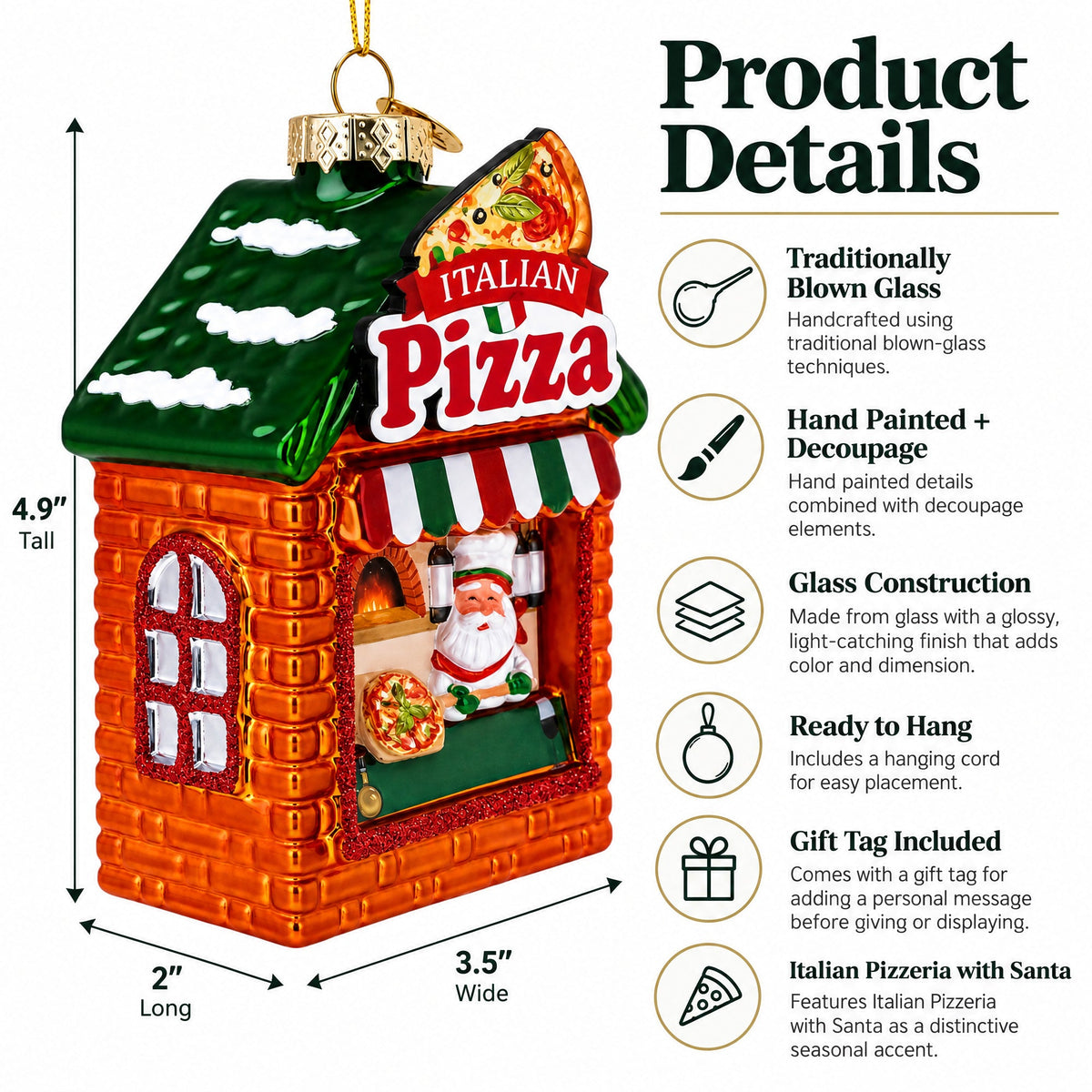 Italian Pizzeria with Santa Glass Christmas Ornament