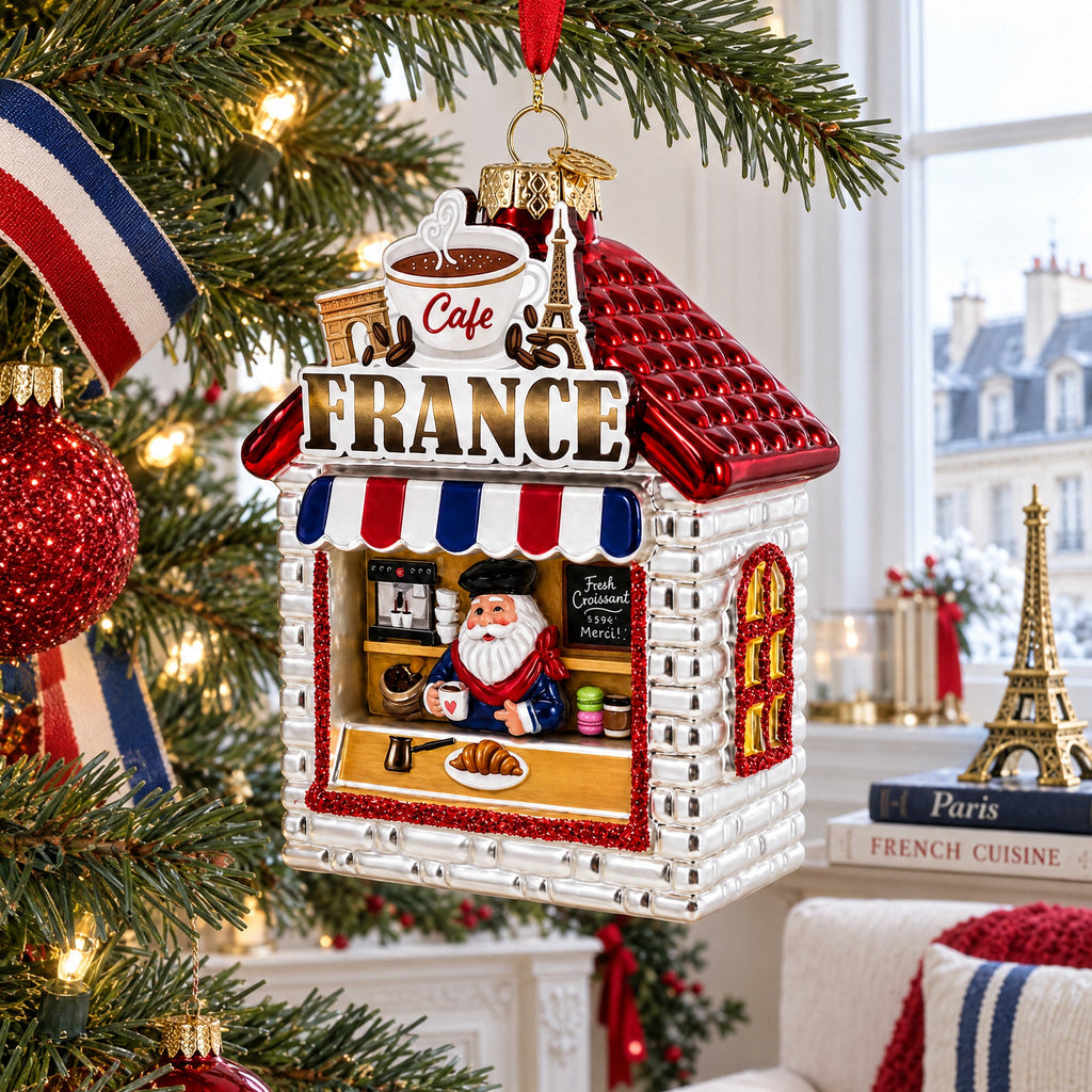 French Cafe with Santa Glass Christmas Ornament