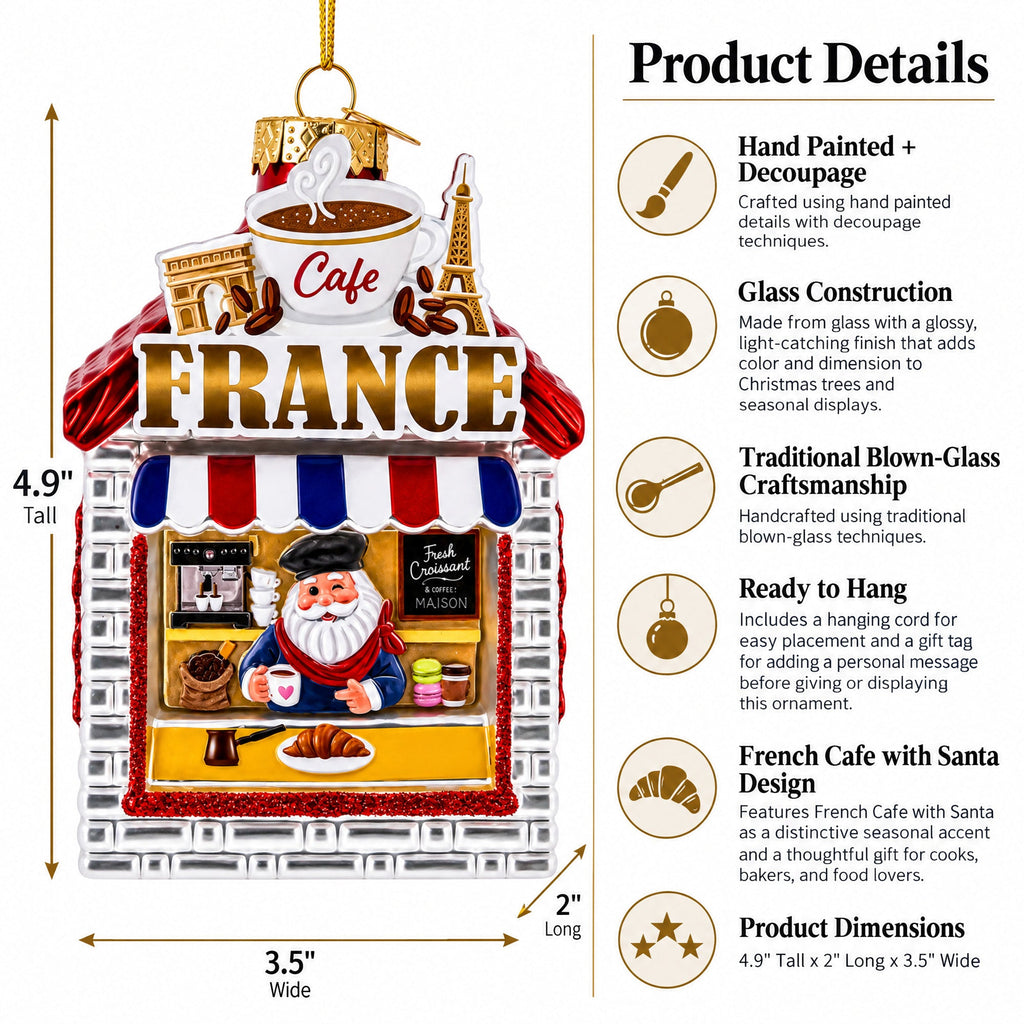 French Cafe with Santa Glass Christmas Ornament