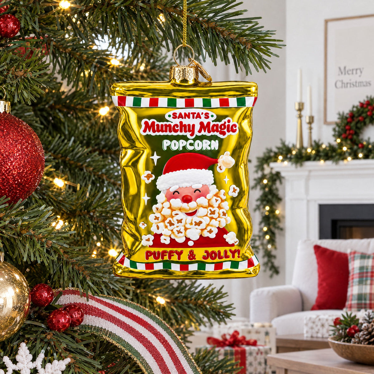 Santa’s Christmas Popcorn Bag Glass Christmas Ornament