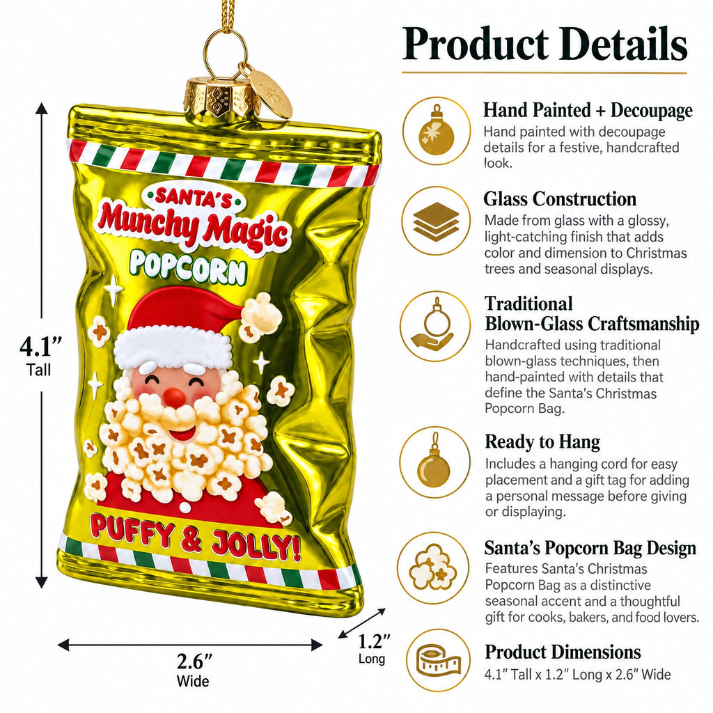 Santa’s Christmas Popcorn Bag Glass Christmas Ornament