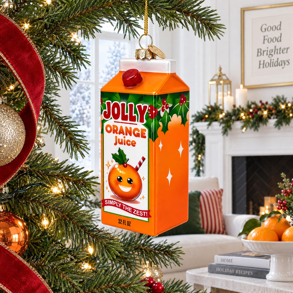 Jolly Christmas Orange Juice Box Glass Christmas Ornament