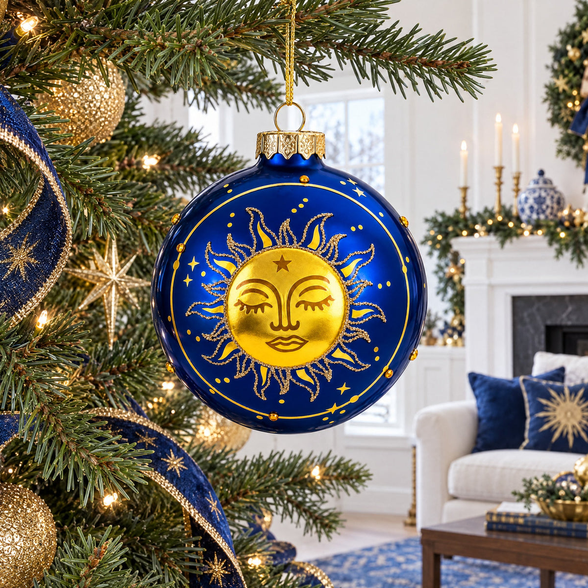 Blue Celestial Sun Face and Moon Glass Ball Christmas Ornament