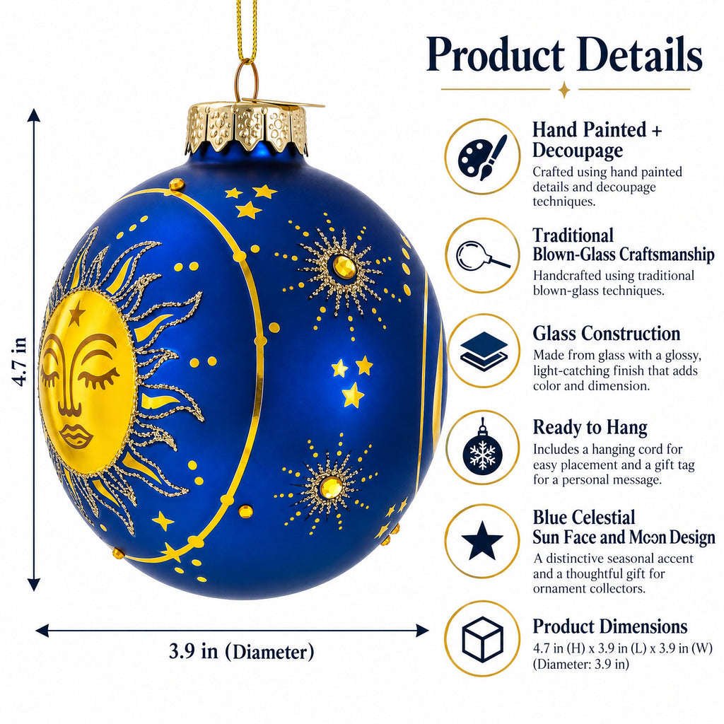 Blue Celestial Sun Face and Moon Glass Ball Christmas Ornament