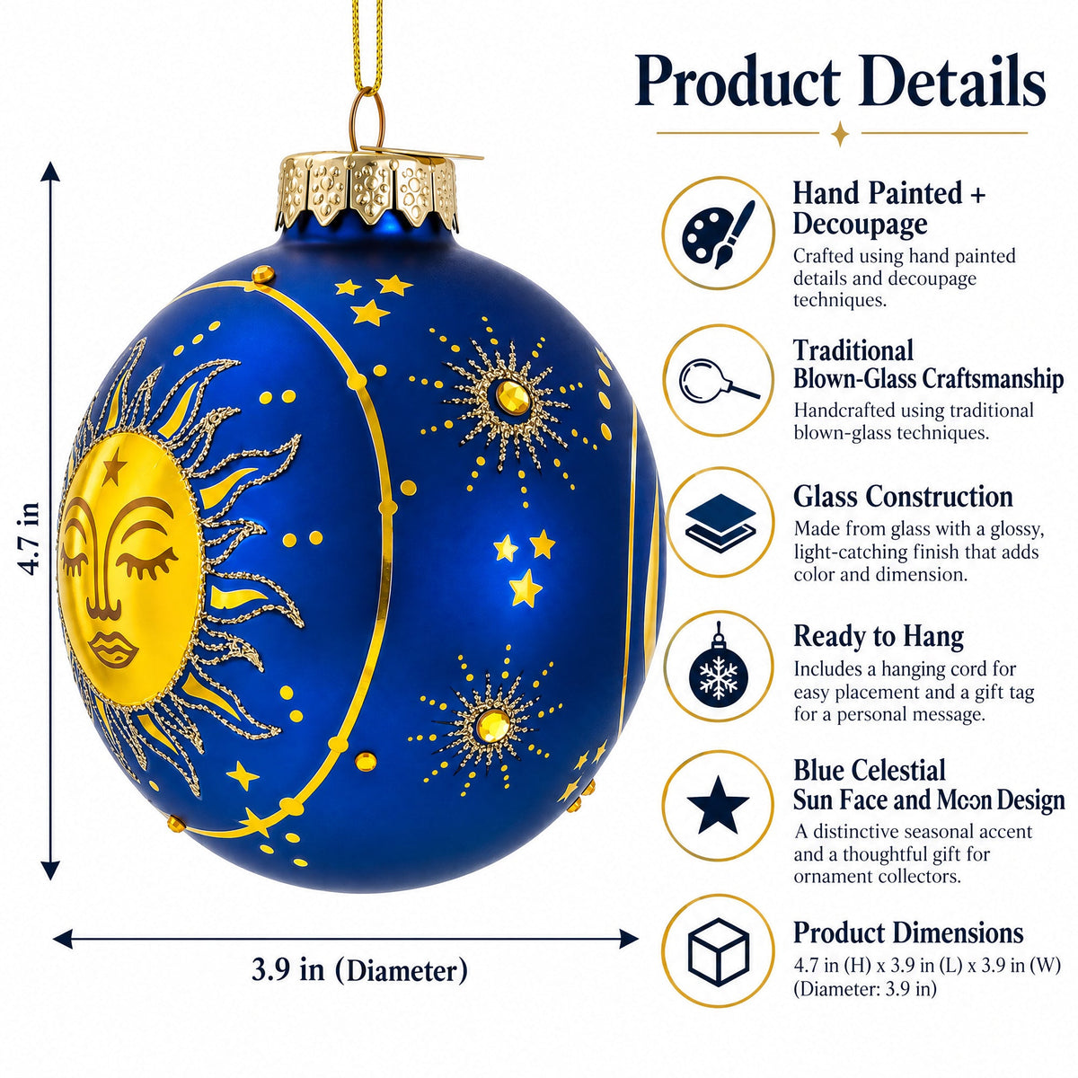 Blue Celestial Sun Face and Moon Glass Ball Christmas Ornament