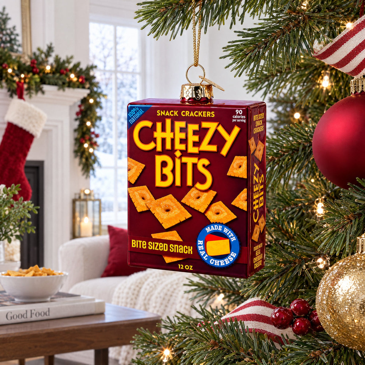 Cheezy Bits Cracker Box Glass Christmas Ornament