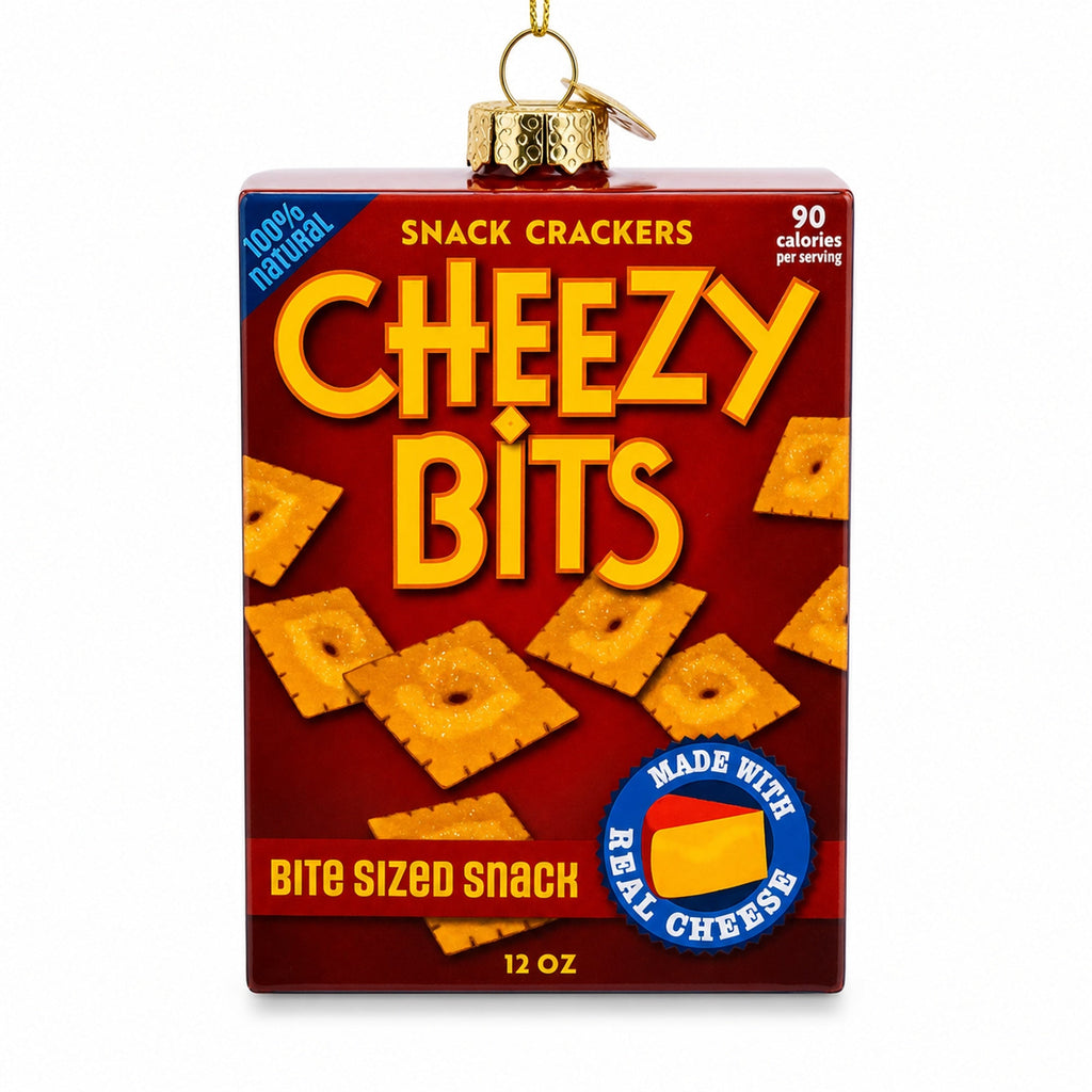Cheezy Bits Cracker Box Glass Christmas Ornament