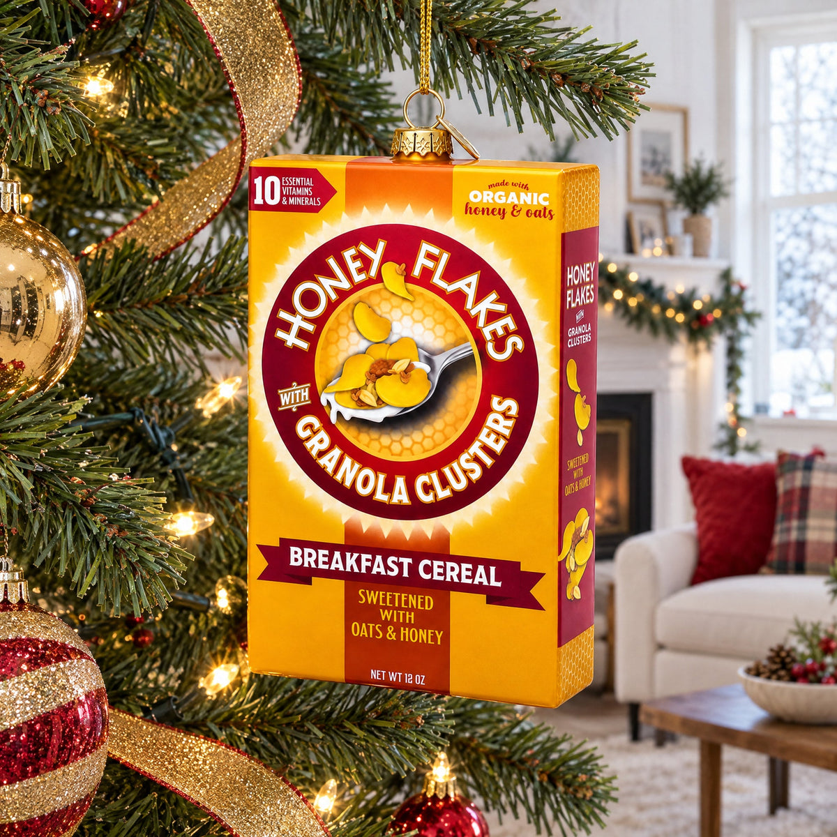 Honey Flakes Granola Cereal Glass Christmas Ornament