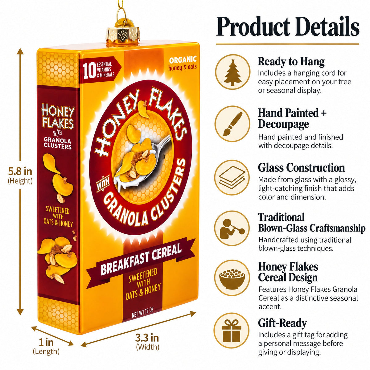 Honey Flakes Granola Cereal Glass Christmas Ornament