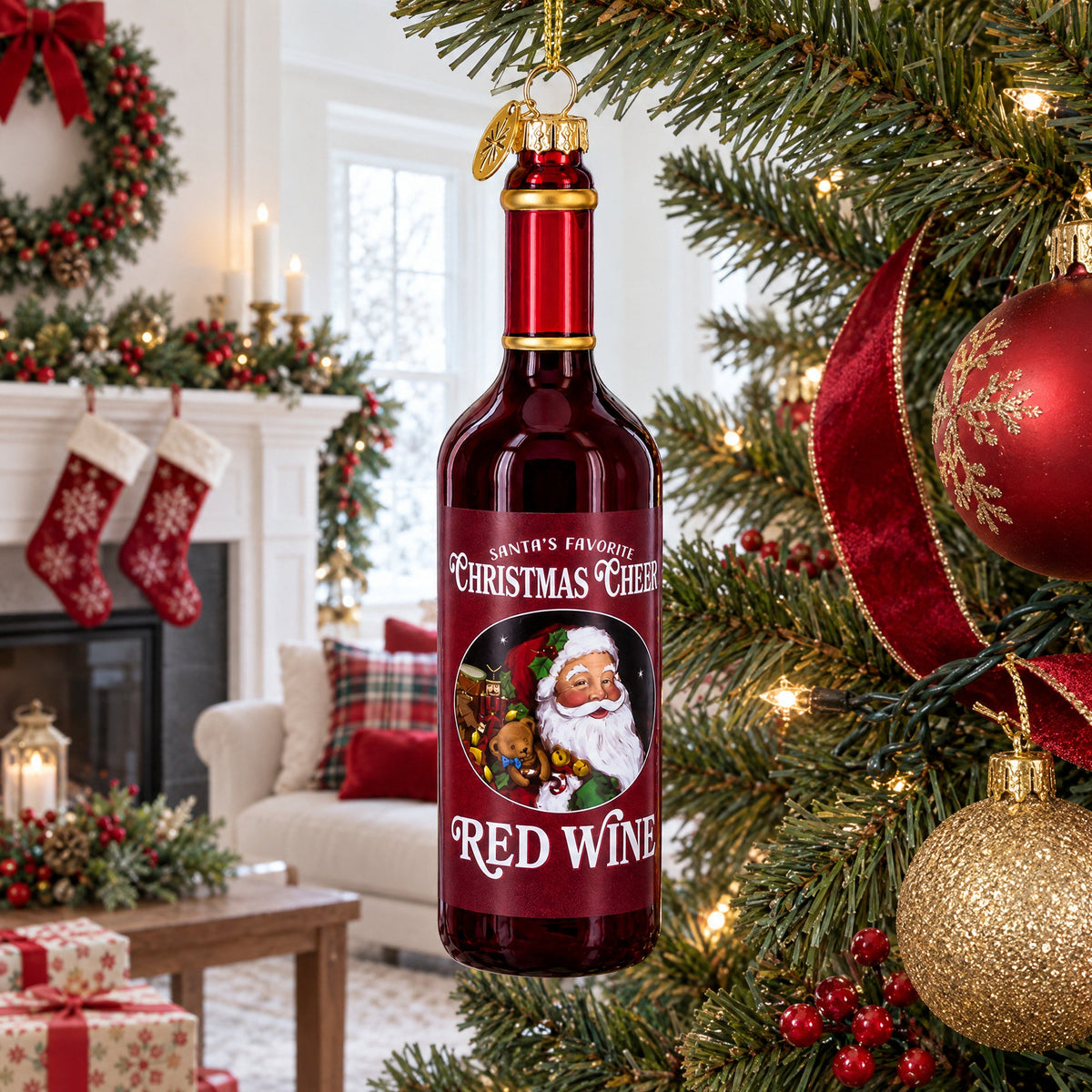 Santa’s Red Wine Bottle Glass Christmas Ornament