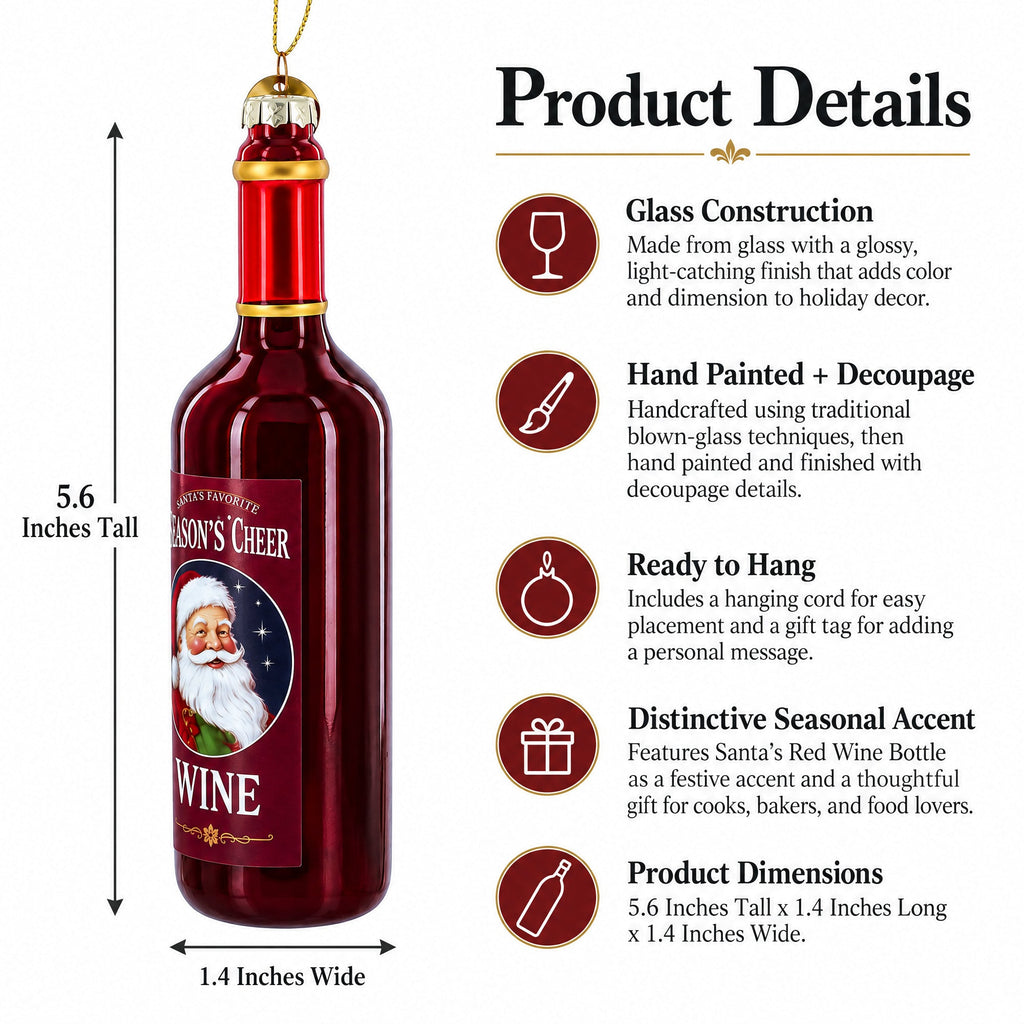 Santa’s Red Wine Bottle Glass Christmas Ornament