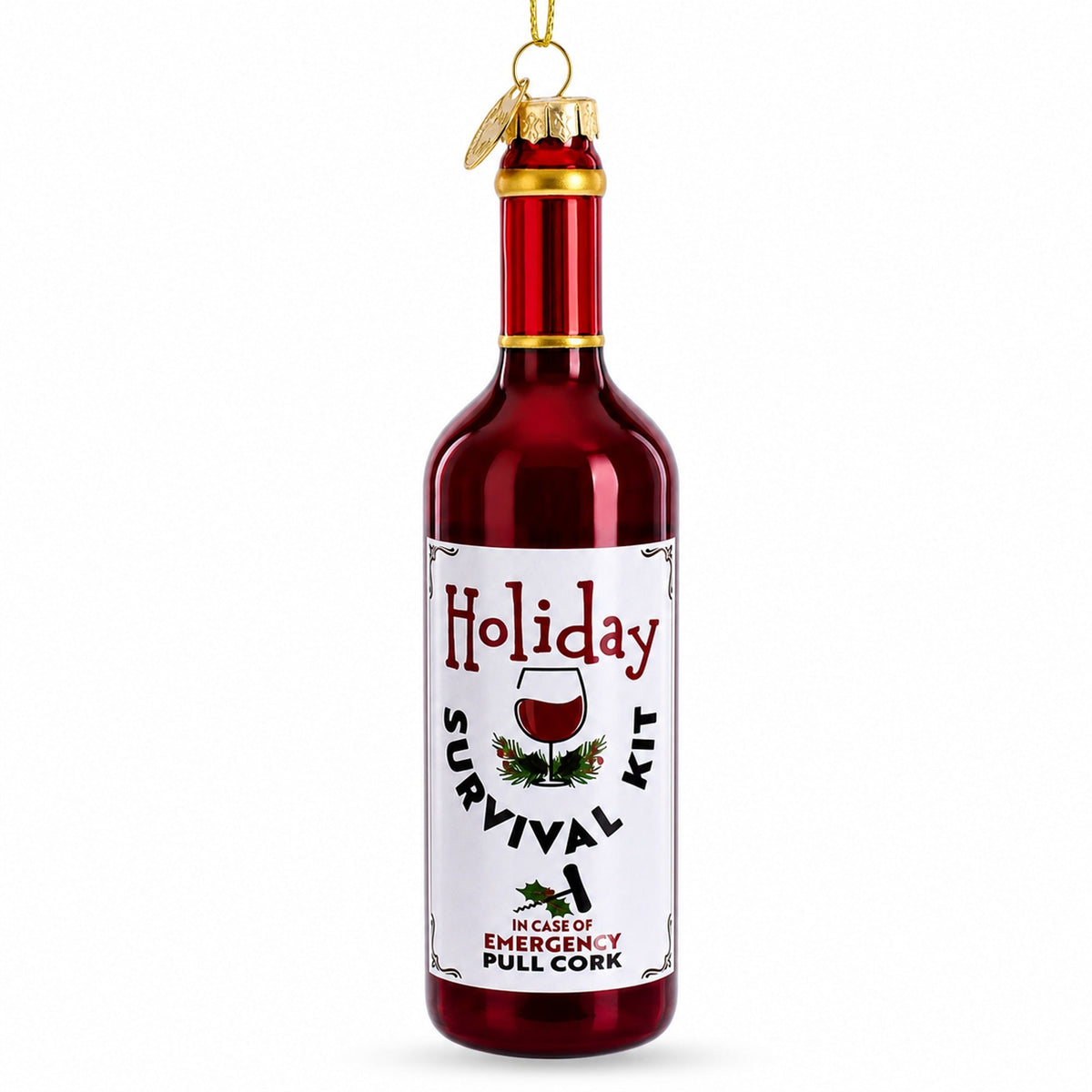 Holiday Survival Kit Wine Bottle Glass Christmas Ornament