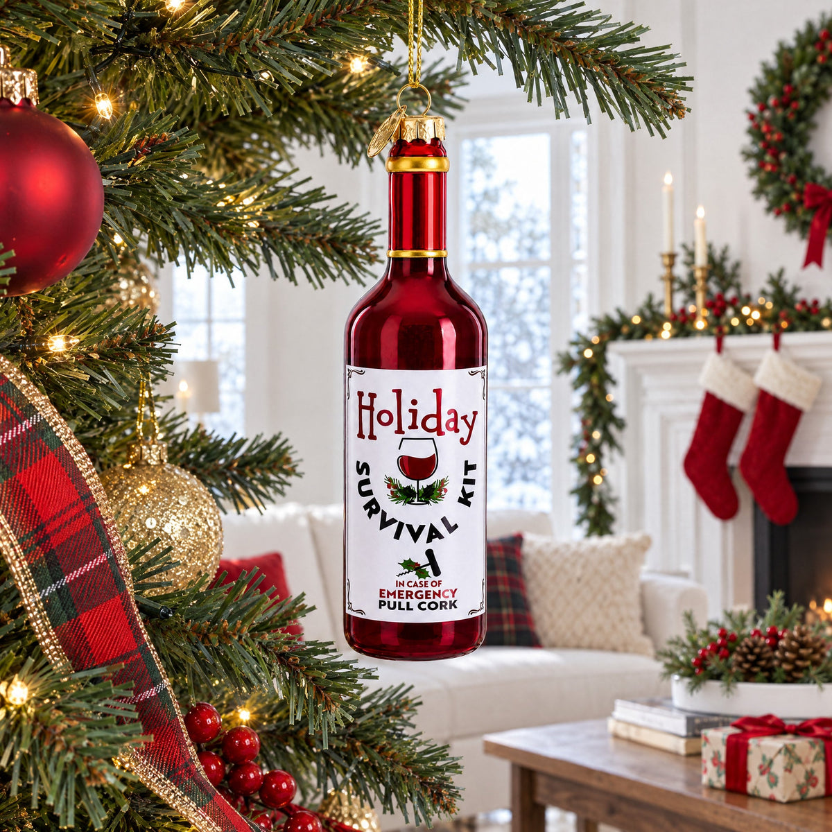 Holiday Survival Kit Wine Bottle Glass Christmas Ornament