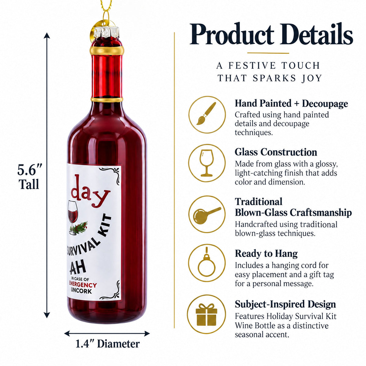 Holiday Survival Kit Wine Bottle Glass Christmas Ornament