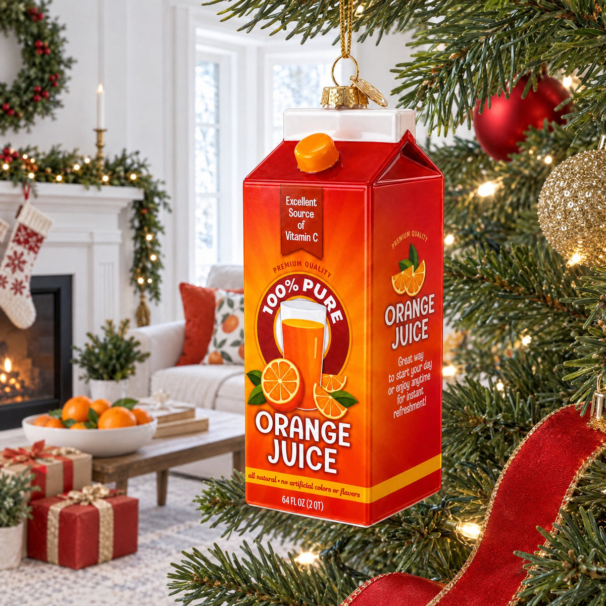 Orange Juice Carton Glass Christmas Ornament