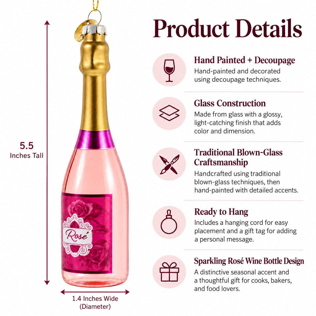 Sparkling Rosé Wine Bottle Glass Christmas Ornament