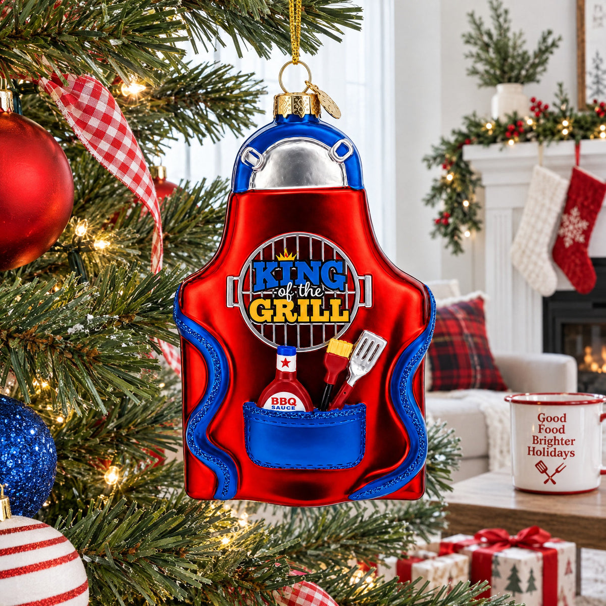 BBQ King of the Grill Apron Glass Christmas Ornament
