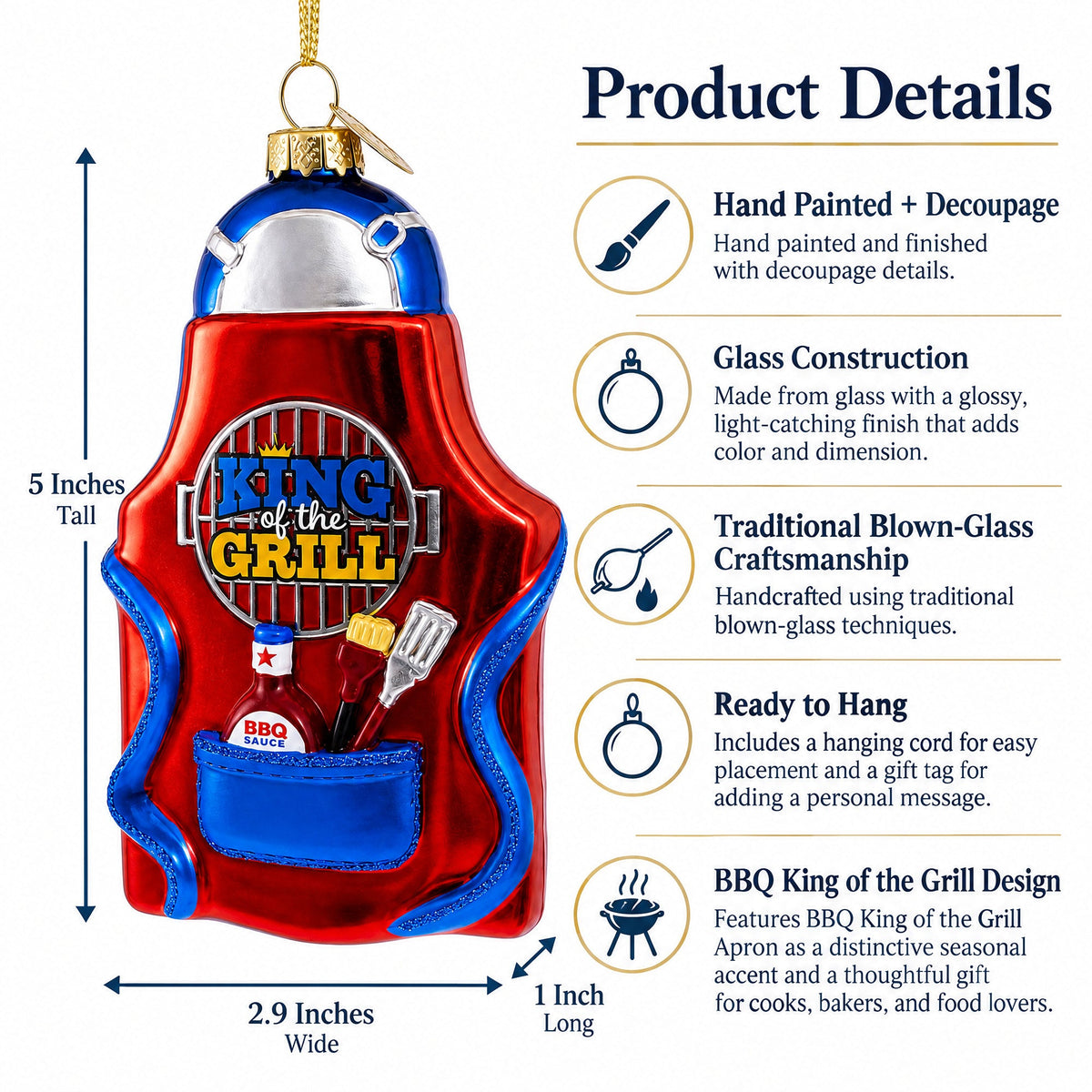 BBQ King of the Grill Apron Glass Christmas Ornament