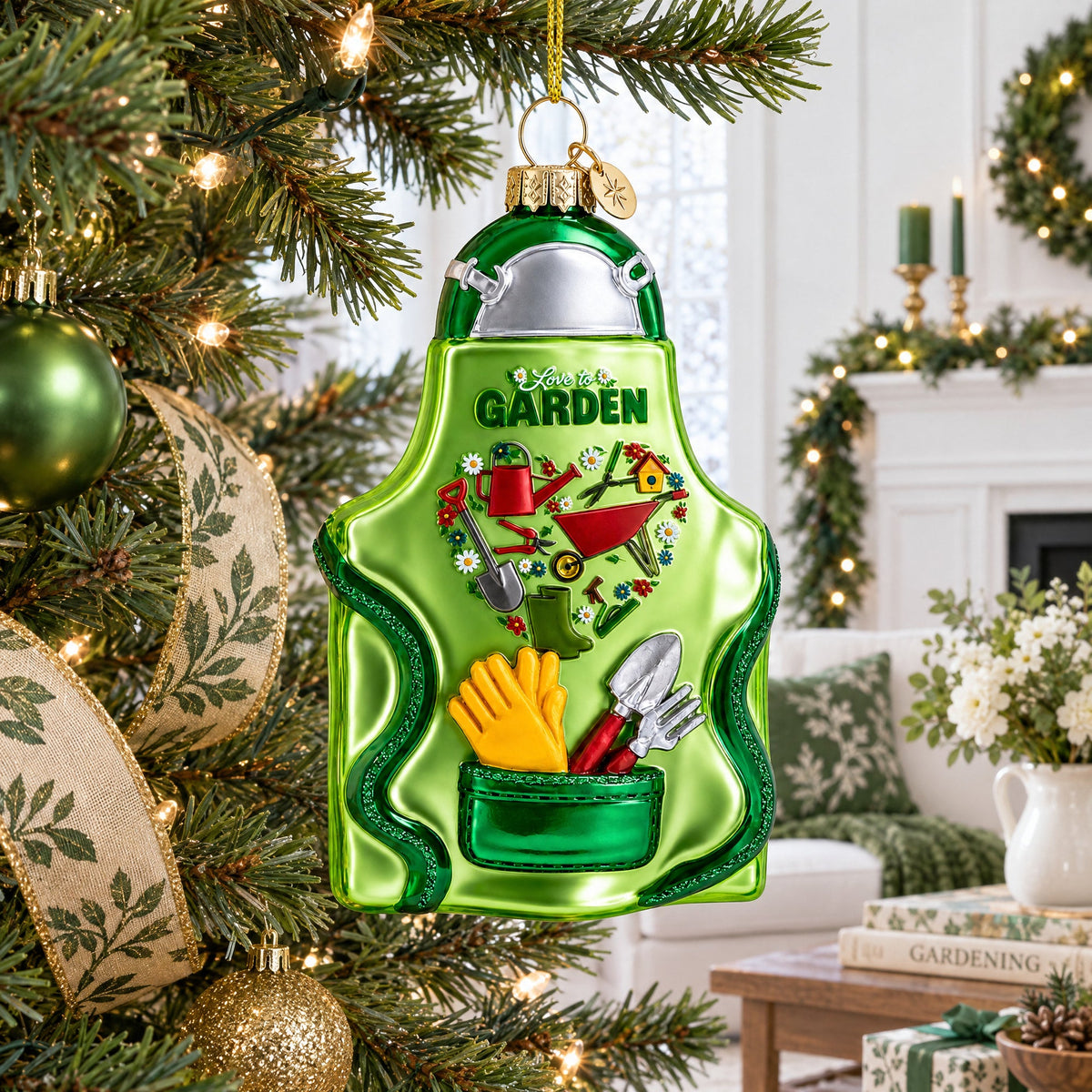 Gardener Apron with Tools Glass Christmas Ornament