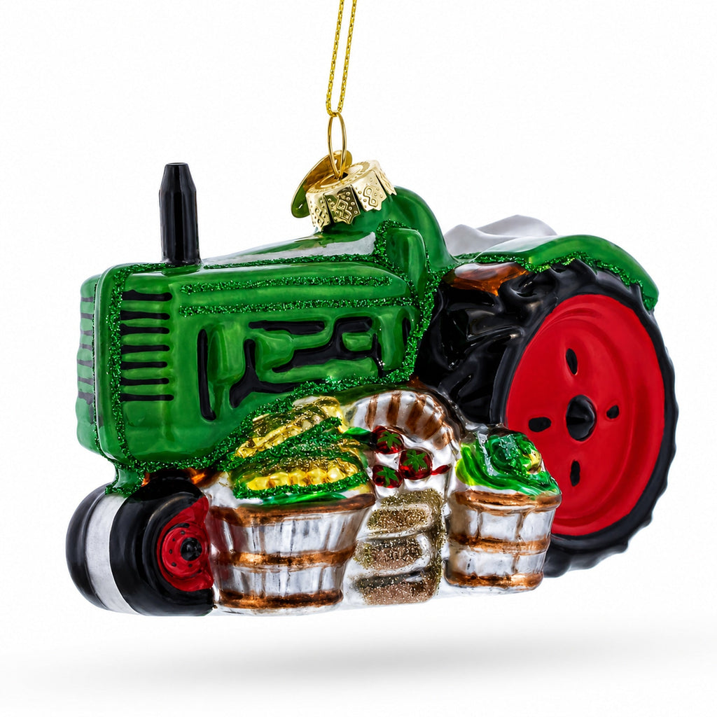 Green Tractor with Crop Barrels Glass Christmas Ornament