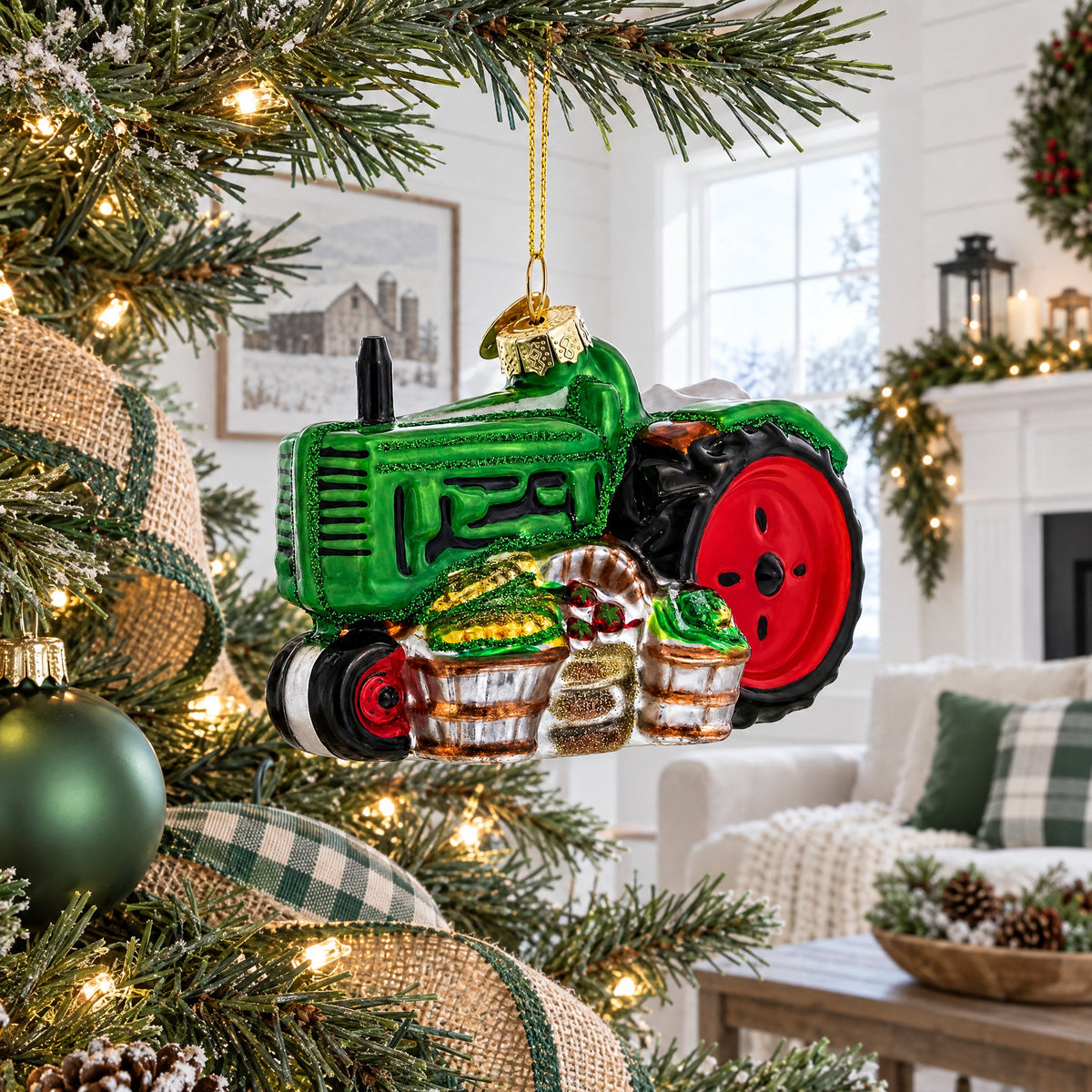 Green Tractor with Crop Barrels Glass Christmas Ornament