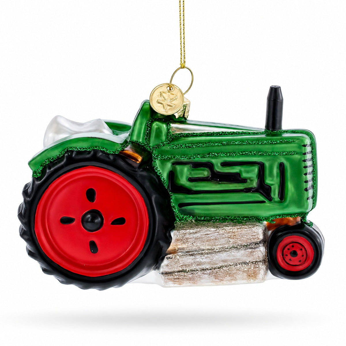 Green Tractor with Crop Barrels Glass Christmas Ornament