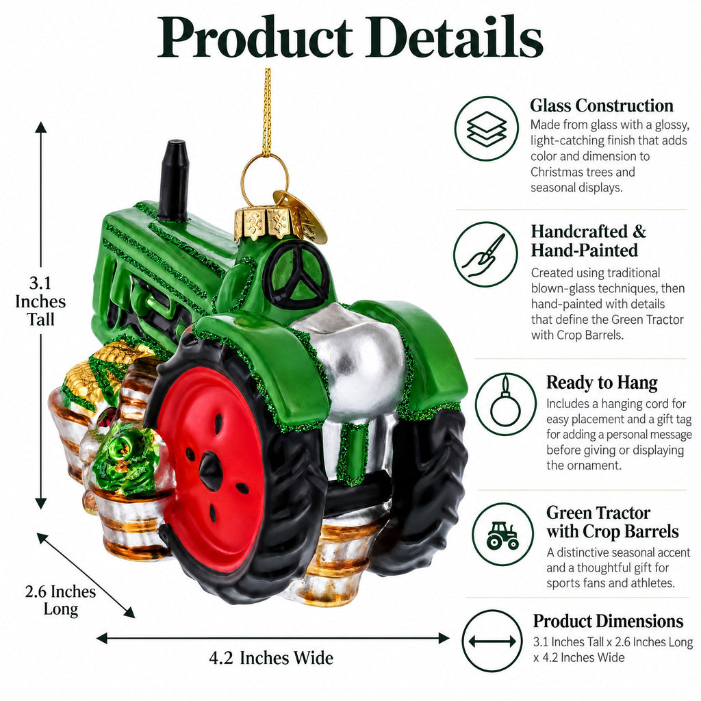 Green Tractor with Crop Barrels Glass Christmas Ornament