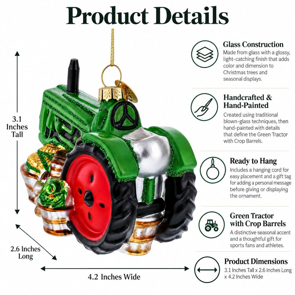 Green Tractor with Crop Barrels Glass Christmas Ornament