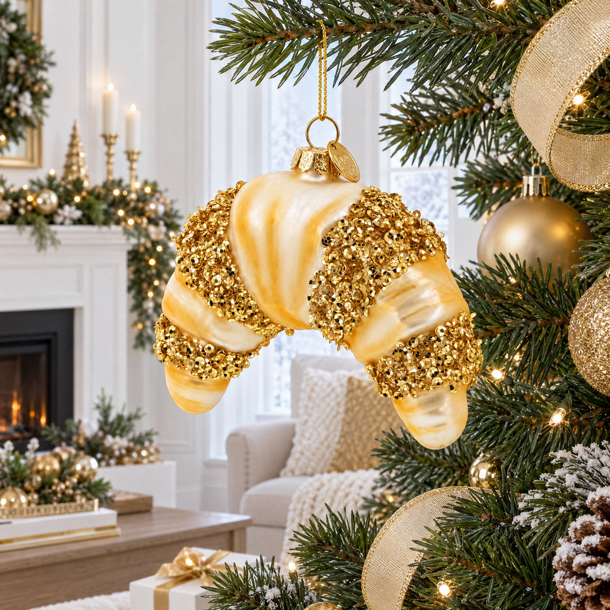 Glittered Croissant Glass Christmas Ornament