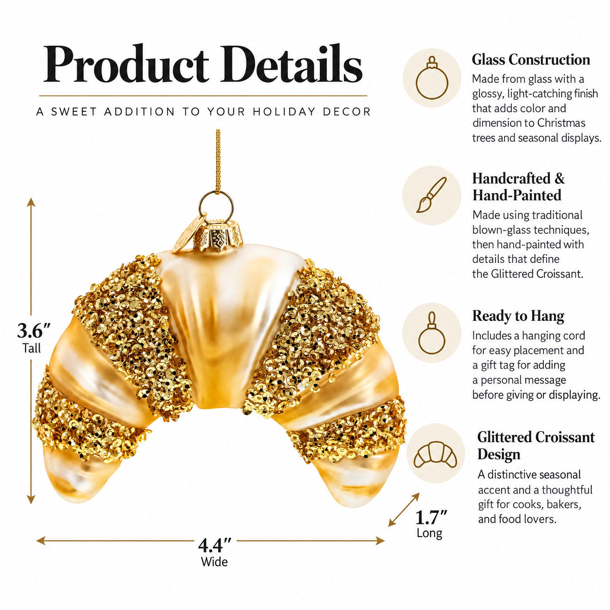 Glittered Croissant Glass Christmas Ornament