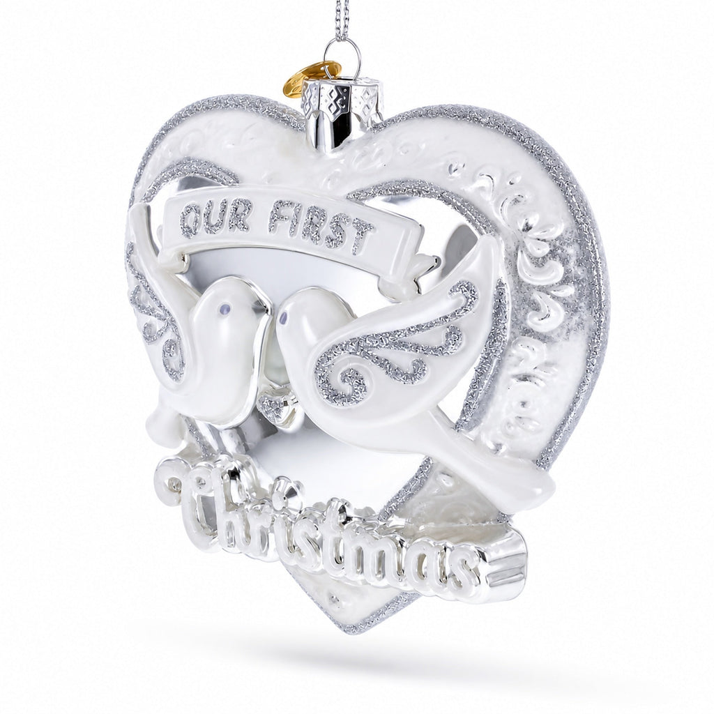 Our First Christmas Romantic Lovebirds Heart Glass Christmas Ornament