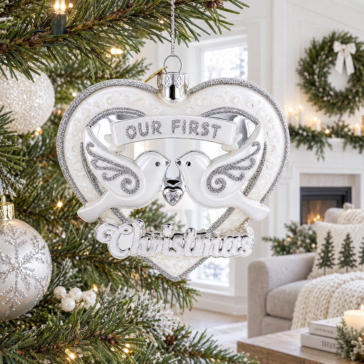 Our First Christmas Romantic Lovebirds Heart Glass Christmas Ornament