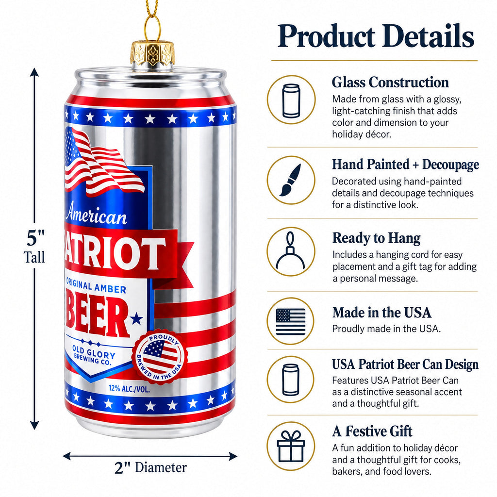 USA Patriot Beer Can Glass Christmas Ornament