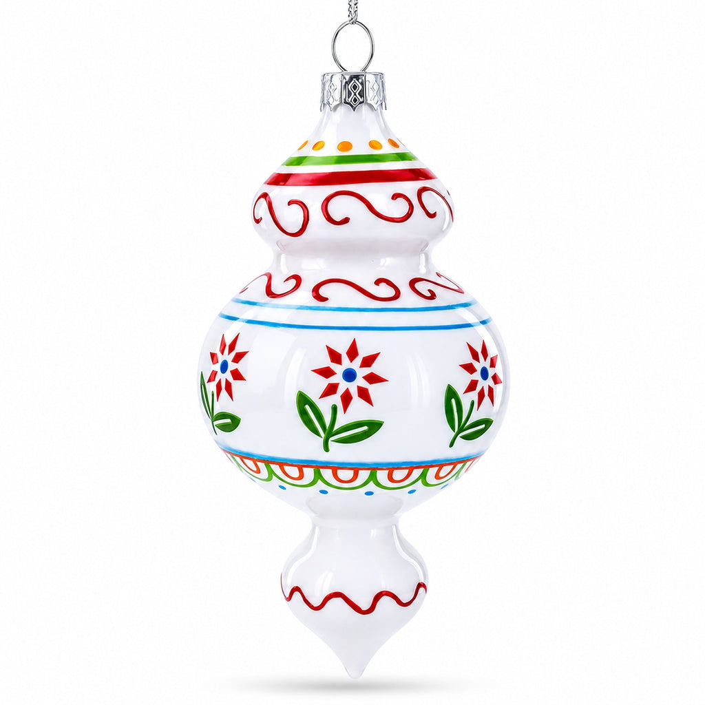 Red Flowers and Swirls Glass Christmas Ornament