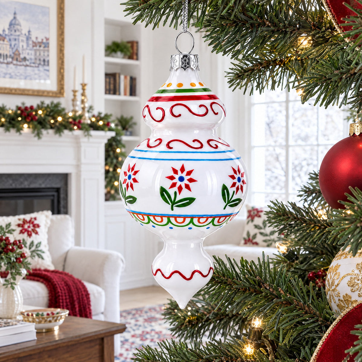 Red Flowers and Swirls Glass Christmas Ornament