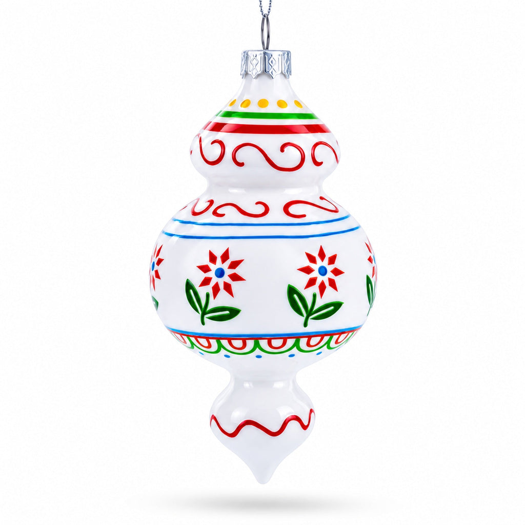 Red Flowers and Swirls Glass Christmas Ornament
