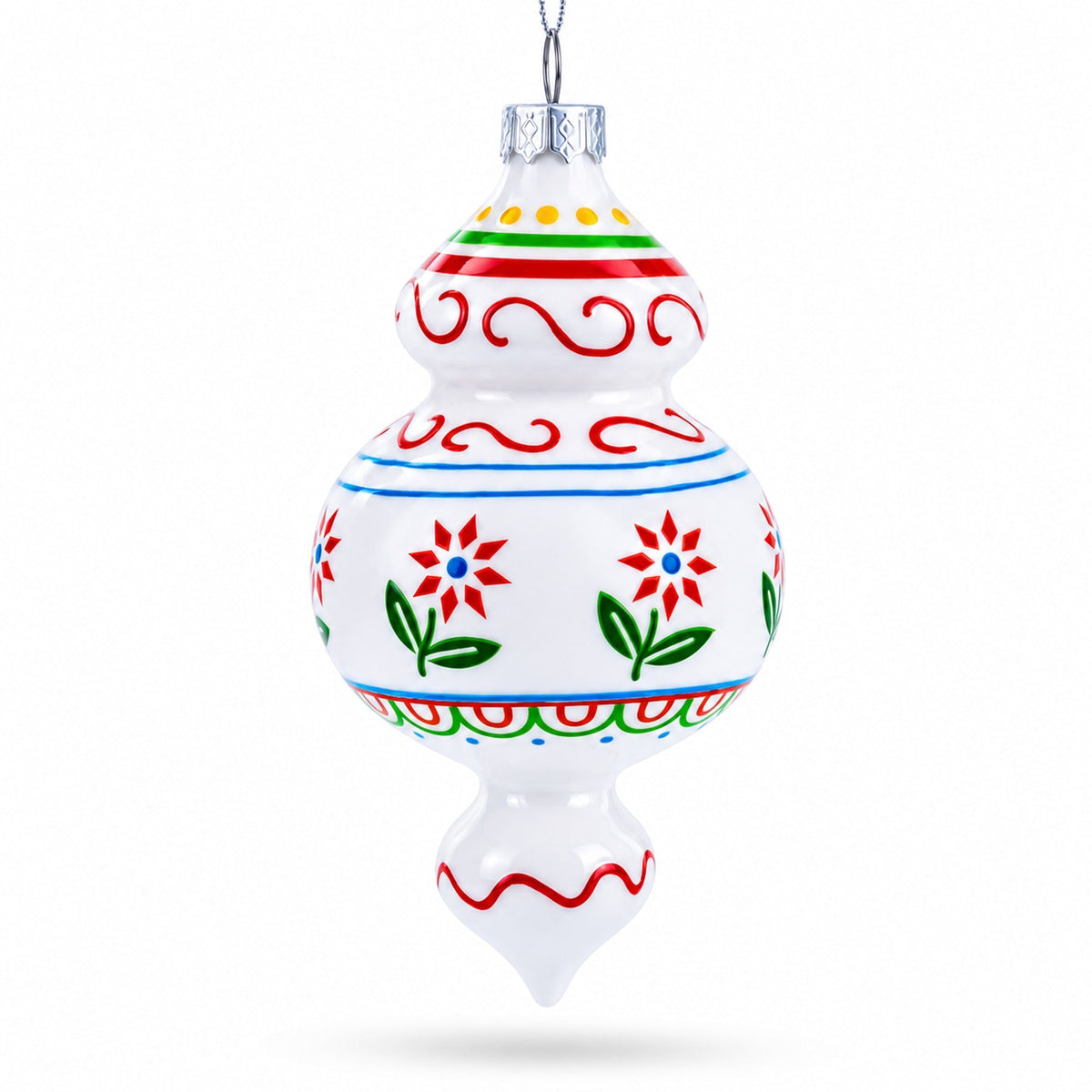 Red Flowers and Swirls Glass Christmas Ornament