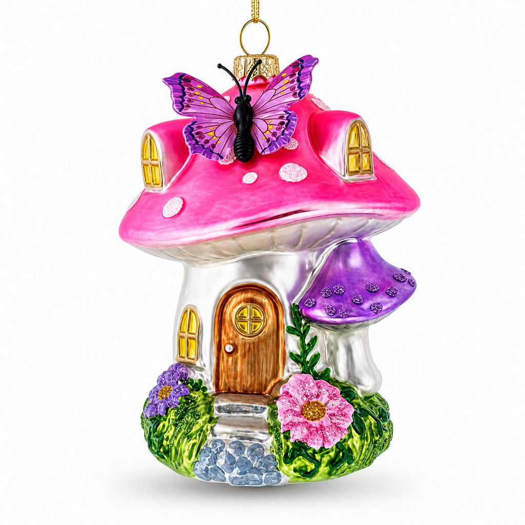 Fairy Mushroom House Glass Christmas Ornament