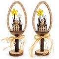 Set of 2 Rustic Wooden Easter Egg Tabletop Decorations With Bunny Scene 10.7 Inches Tall