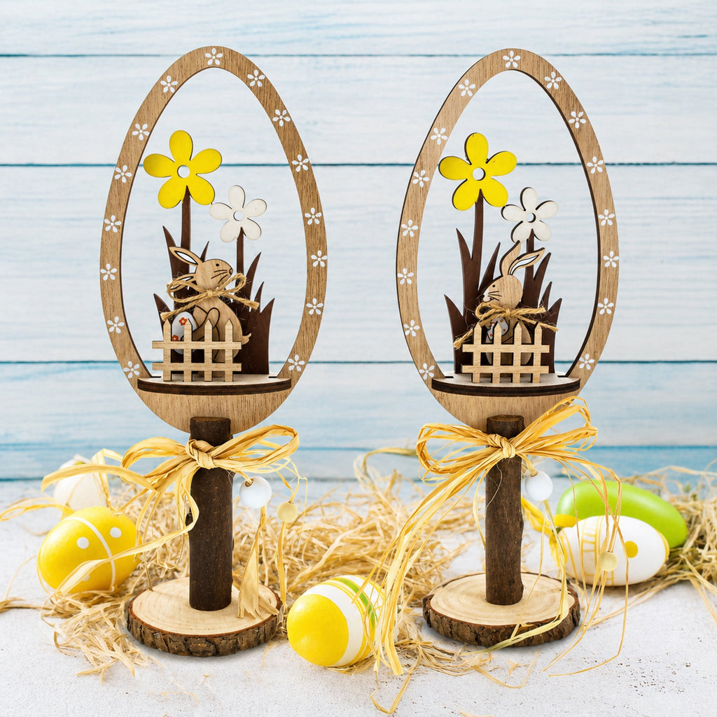 Set of 2 Rustic Wooden Easter Egg Tabletop Decorations With Bunny Scene 10.7 Inches Tall