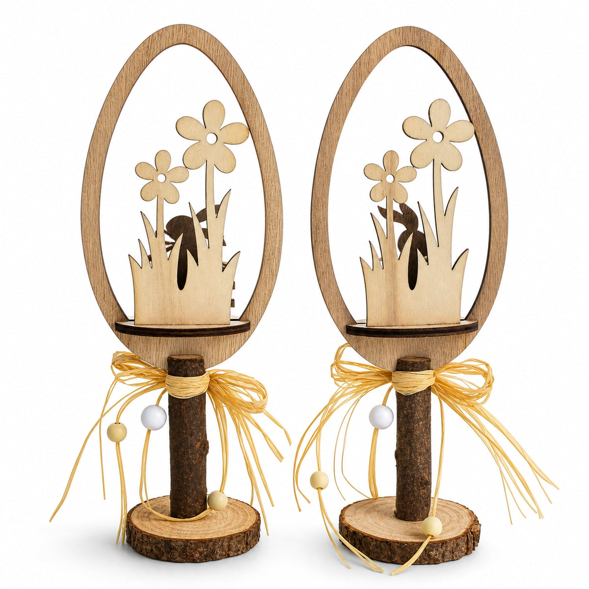 Set of 2 Rustic Wooden Easter Egg Tabletop Decorations With Bunny Scene 10.7 Inches Tall