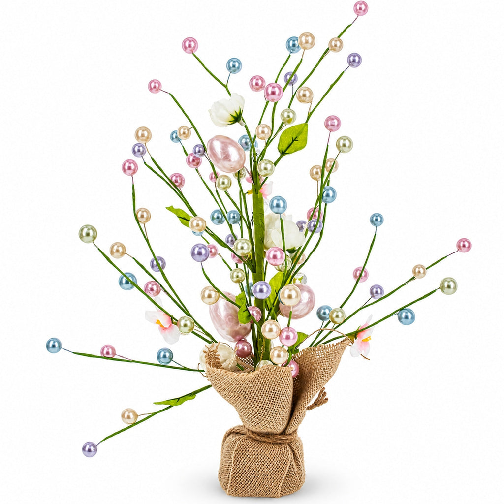 Easter Berry & Egg Floral Branch Arrangement Spring Tabletop Centerpiece with Burlap Base 17.5 Inches