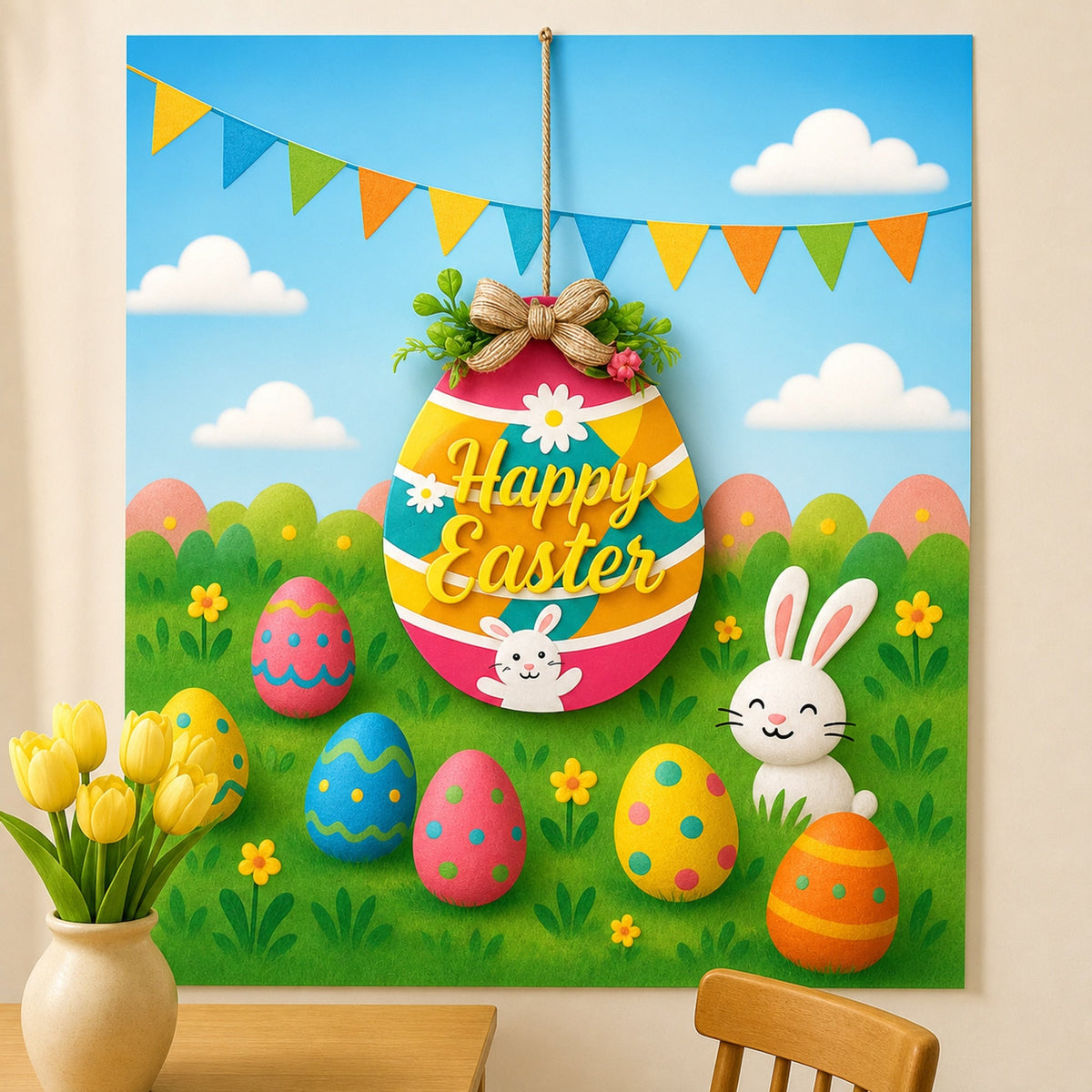 Illuminated LED Wooden Easter Egg Hanging Decor 12.5 Inches Tall