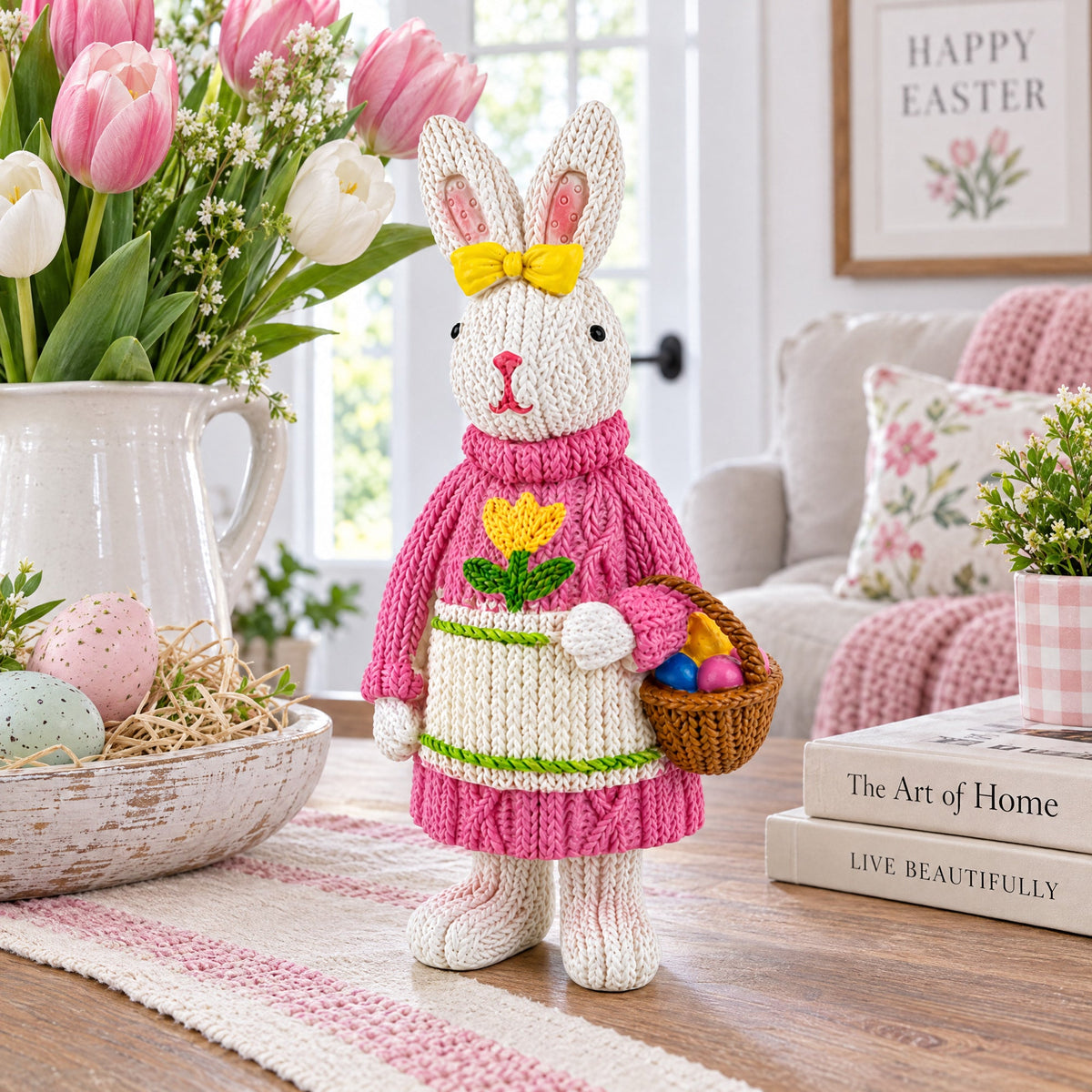 Bunny Figure with Pastel Basket and Sweater 5.8 Inches Tall