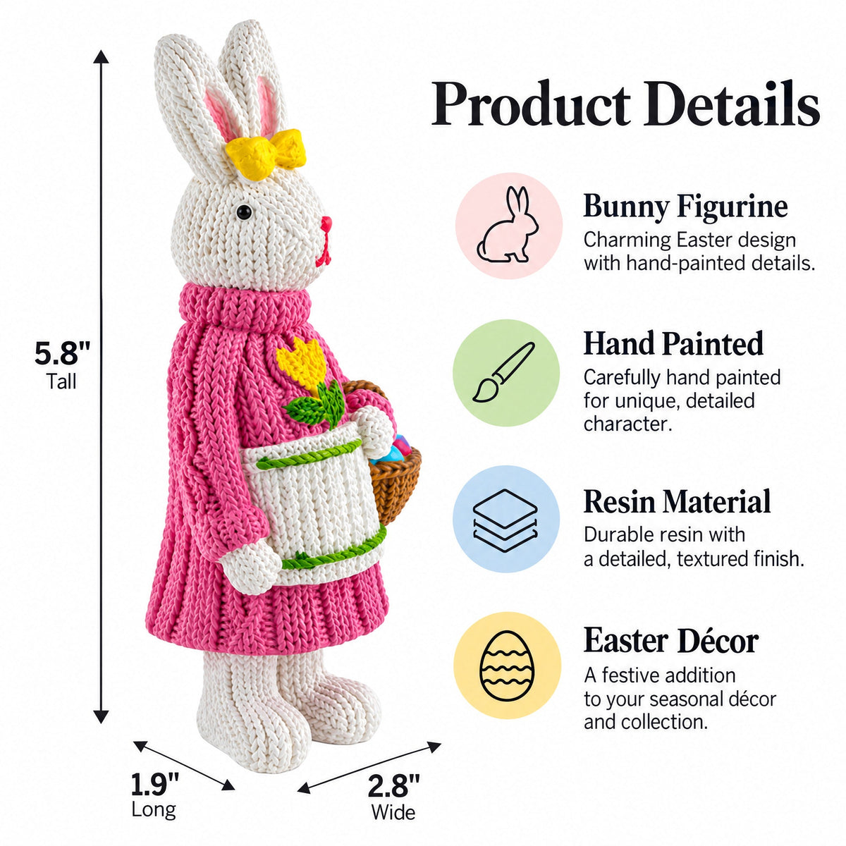 Bunny Figure with Pastel Basket and Sweater 5.8 Inches Tall