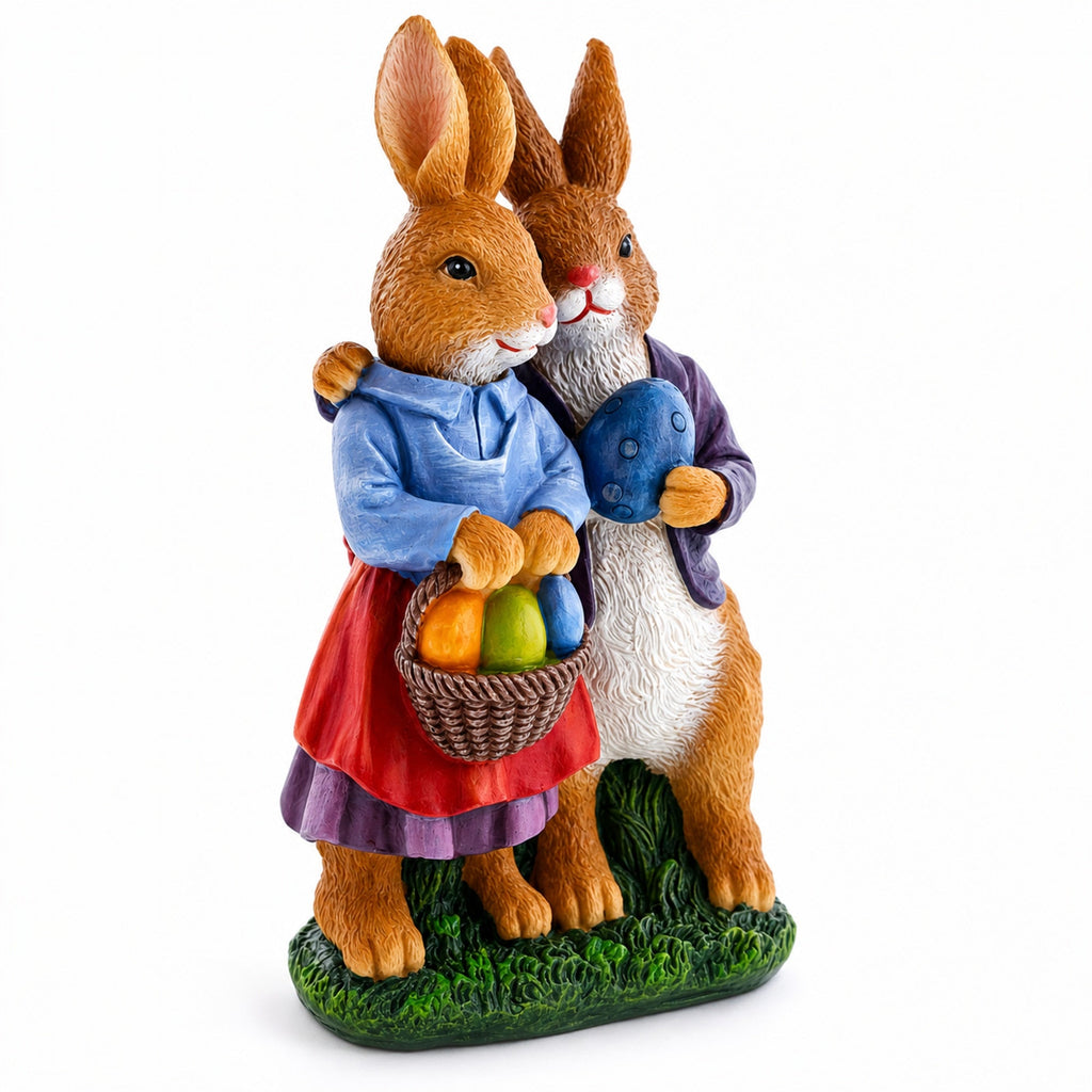 Loving Easter Bunny Pair Figurine With Festive Basket 6.2 Inches Tall