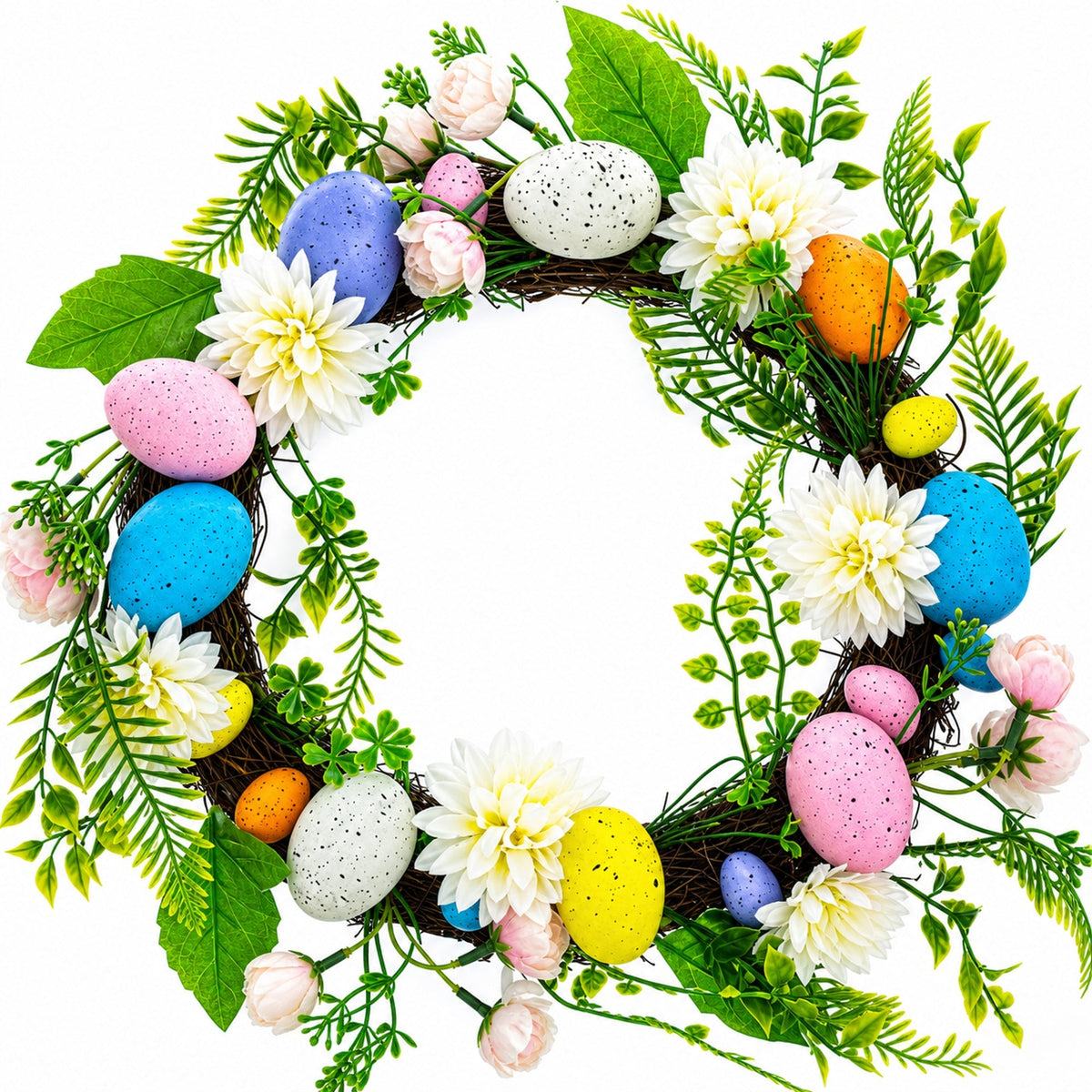 Festive Easter Floral Door Wreath with Pastel Speckled Eggs