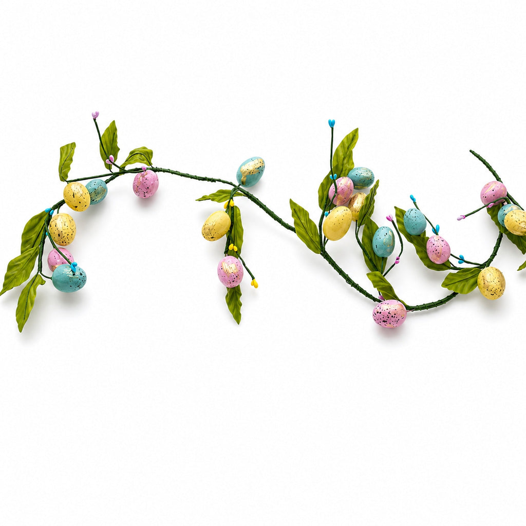 Set of 2 Easter Egg and Leaf Garland With Pastel Speckled Eggs Spring Hanging Decor 6.6 Inches Tall